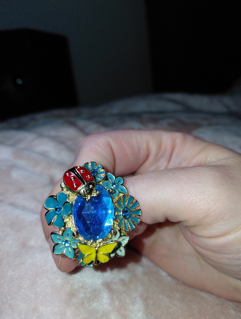 Blue Gemstone Floral Ladybug Statement Ring - No Brand